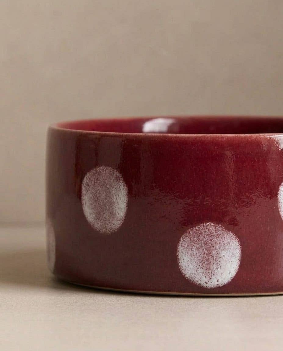HUNDENAPF POP DOTS STEINGUT | 16,5 CM BURGUNDY | 2-TEILIGES SET