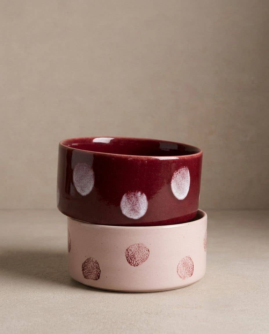 HUNDENAPF POP DOTS STEINGUT | 14 CM BURGUNDY | 2-TEILIGES SET
