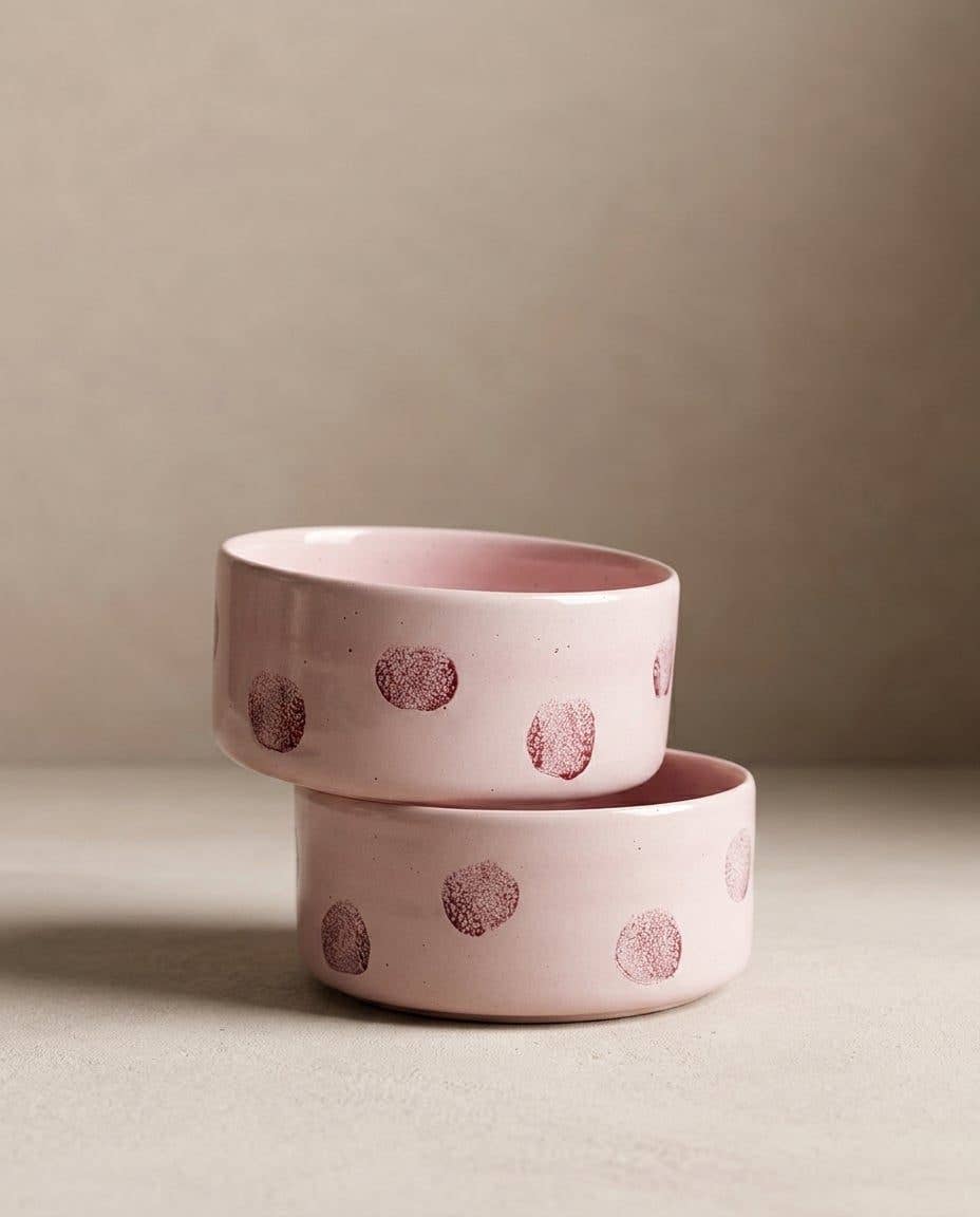 HUNDENAPF POP DOTS STEINGUT | 16,5 CM ROSA | 2-TEILIGES SET