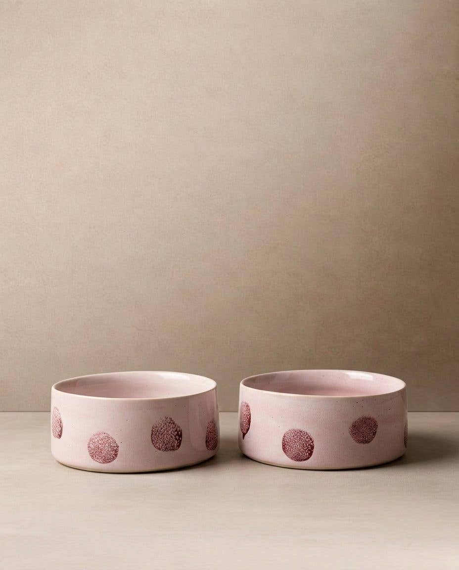 HUNDENAPF POP DOTS STEINGUT | 16,5 CM ROSA | 2-TEILIGES SET